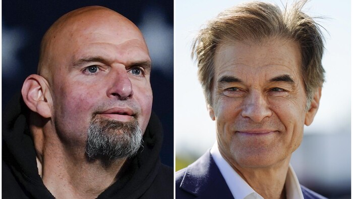 Des portraits de John Fetterman et de Mehmet Oz.