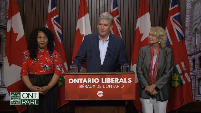Andrea Hazell, John Fraser et Karen McCrimmon durant un point de presse devant un podium indiquant : Libéraux de l'Ontario.