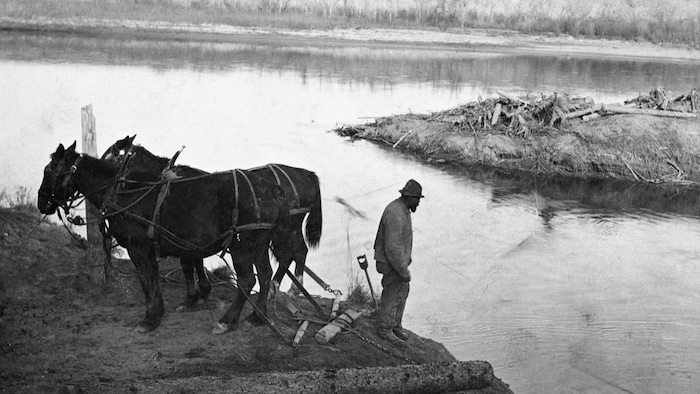 John Ware se tient debout près d'une rivière avec deux chevaux.