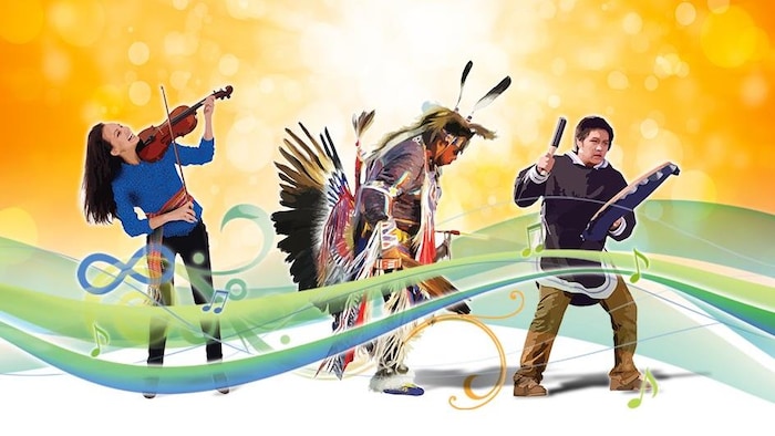 Trois Autochtones, dont une joue du violon, un deuxième danse et un dernier frappe un tambour.