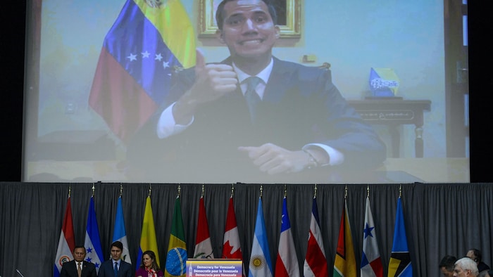 Juan Guaidó, el entonces autoproclamado presidente de Venezuela, se dirigía a los miembros del Grupo de Lima.