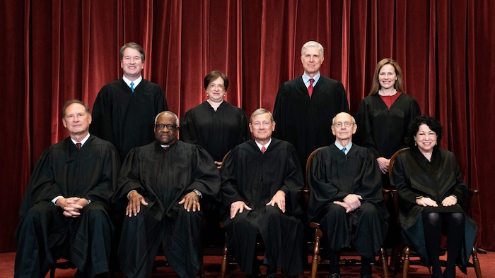 Devant d'immenses rideaux rouges, les quatre juges placés derrière, debout, et les cinq placés devant, assis, prennent une photographie officielle.