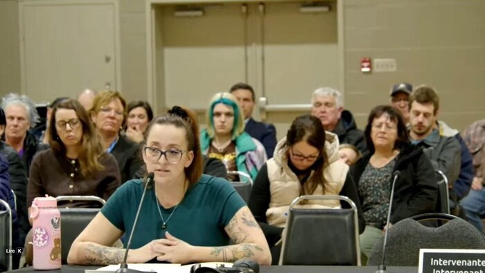 Julie-Anne Burke s'adresse aux commissaire du BAPE lors de l'audience du 10 mars 2026 à Grosse-Île.