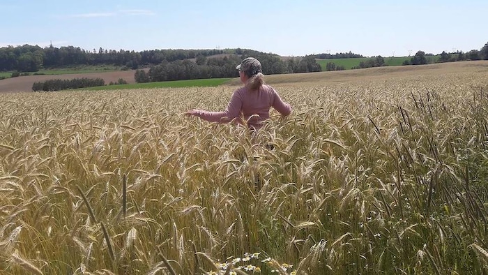 Julie de la Bruère dans un champ de graminées mûres.