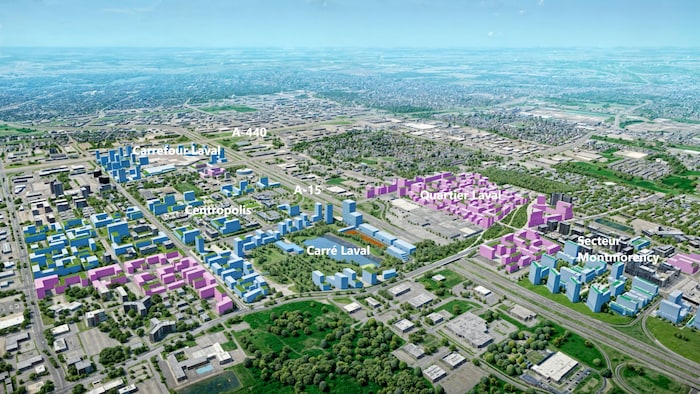 Vue aérienne de la ville de Laval avec des bâtiments de différentes couleurs.