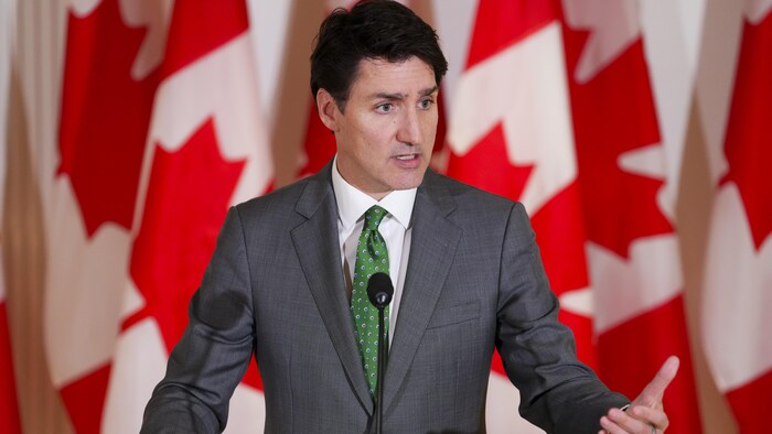 Justin Trudeau, lors d'une conférence, s'adresse aux médias.