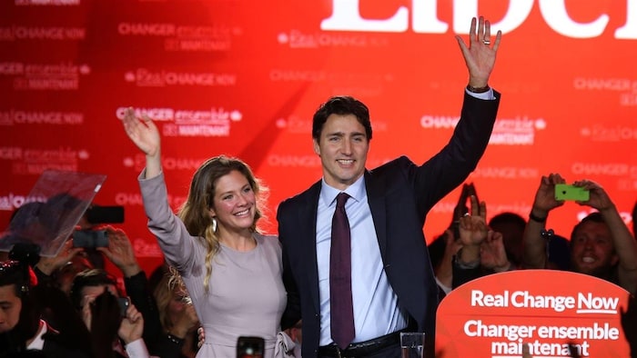 Justin Trudeau and his wife, Sophie Gregoire, celebrate the Liberal Party of Canada's victory in the October 20, 2015 general election.