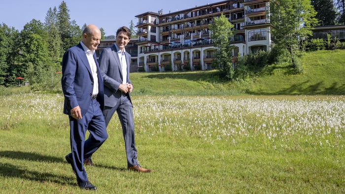Justin Trudeau et Olaf Scholz lors du sommet du G7 en Allemagne.