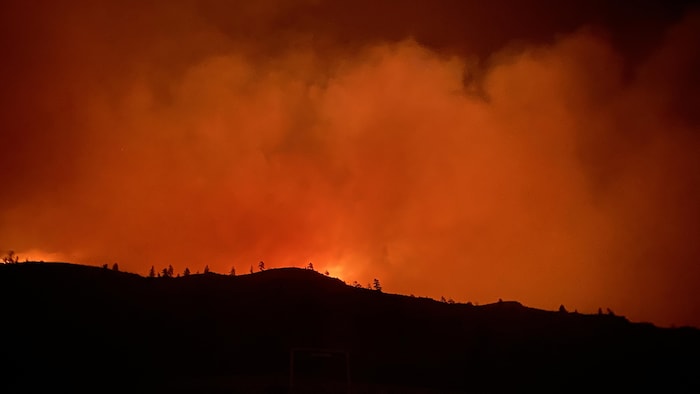 La nuit est rouge, à cause de flammes que l'on voit au loin, dans une forêt.