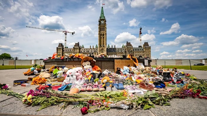 Le parlement à Ottawa en arrière-plan et devant plusieurs objets évoquant l'enfance.