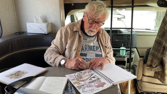 Karl willms, drawing in his motororm.