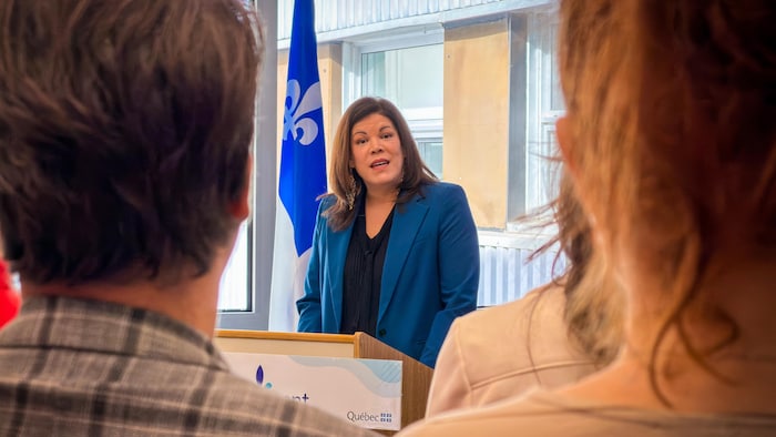 Kateri Champagne Jourdain prend la parole devant un public.