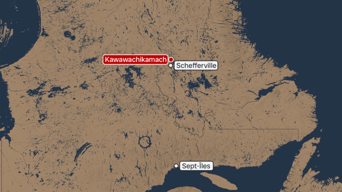 Une carte du Québec avec Sept-Îles, Schefferville et Kawawachikamach mis en évidence.