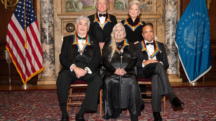 The 2021 Kennedy Center honourees, from left: Justino Diaz, Lorne Michaels, Joni Mitchell, Bette Midler and Berry Gordy at the Library of Congress in Washington. 