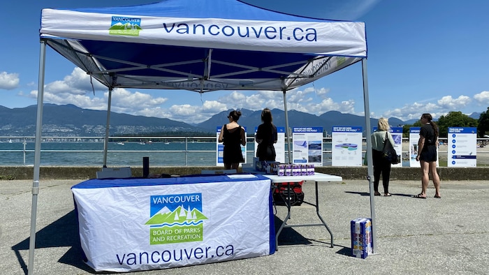 un kiosque présente le projet de modernisation de la piscine de Kitsilano.