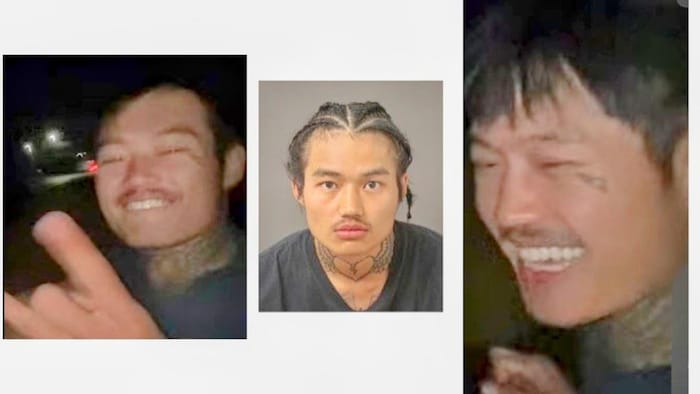 Trois photos de Kyaw « Chin » Doe, un homme d’origine asiatique portant des tresses et un tatouage de cœur brisé avec des ailes sur le cou.