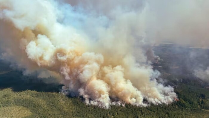 Cette photo aérienne montre l'incendie de forêt qui ravage le lac Caribou. Mercredi, le feu couvrait près de 63 000 hectares.