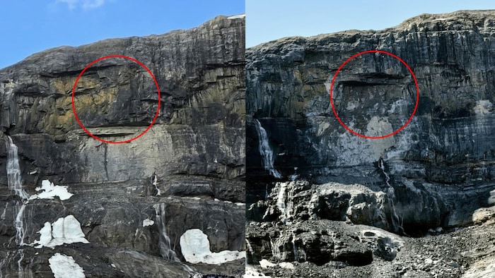 Deux photos côte à côté démontrent une falaise de roches après un éboulement. 