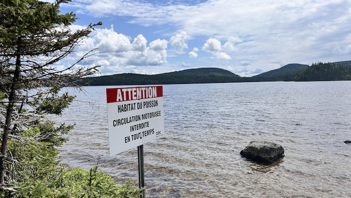 Une affiche devant un lac.