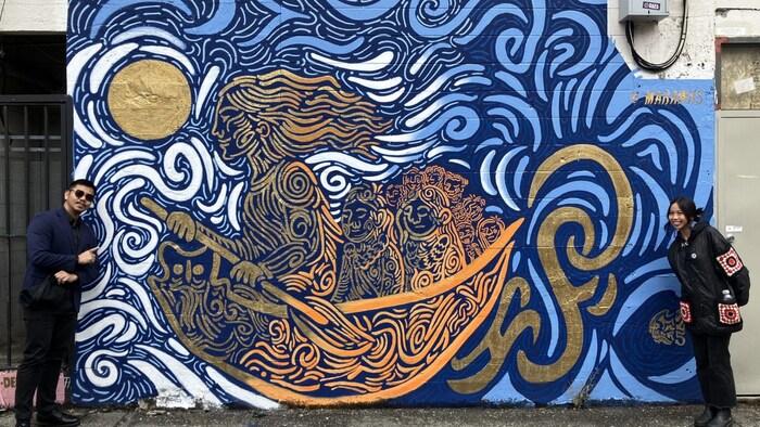 Une œuvre d'art montrant une personne en canot sous le soleil.