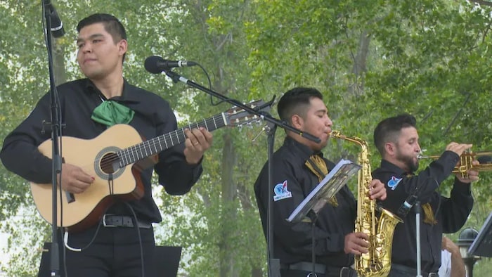 Músicos con sus instrumentos en un escenario al aire libre.