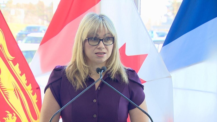 Laurie Potter debout entre deux micros et un drapeau du Canada.