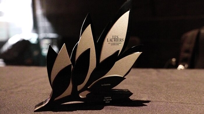 Un trophée posé sur une table. 