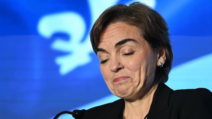 Christine Fréchette baisse les yeux et se pince les lèvres. 