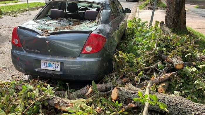 Un véhicule a été endommagé sur la rue Kent, à Halifax, lors du passage de la tempête Lee. 