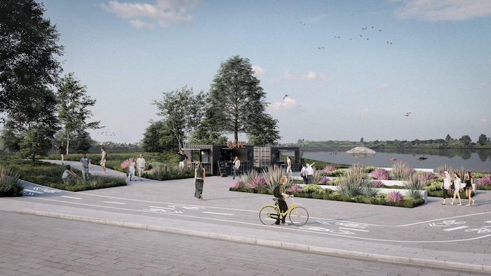 Une modélisation en 3D du futur site du parc des Pionniers montre une piste cyclable, un camion-restaurant et des îlots de verdissement.