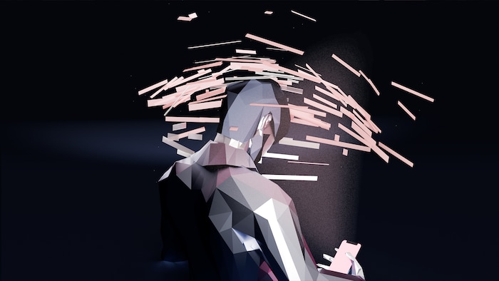 Personnage entouré de fragments et tenant un téléphone.