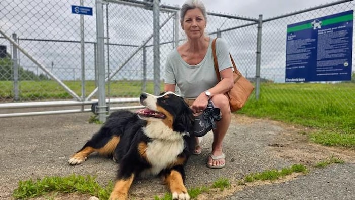 Une femme à genoux, à côté de son chien, dans un parc.