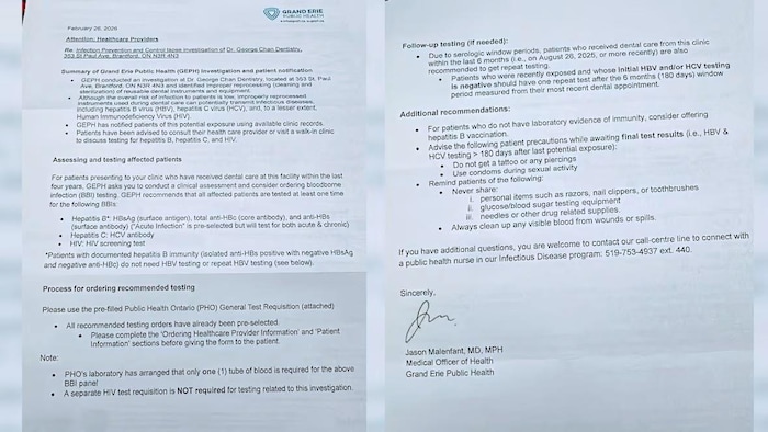 La seconde lettre que la Santé publique de Grand Erie a envoyée aux anciens patients du Dr George Chan à la mi-mars s’adressant aux professionnels de la santé devant effectuer les tests.