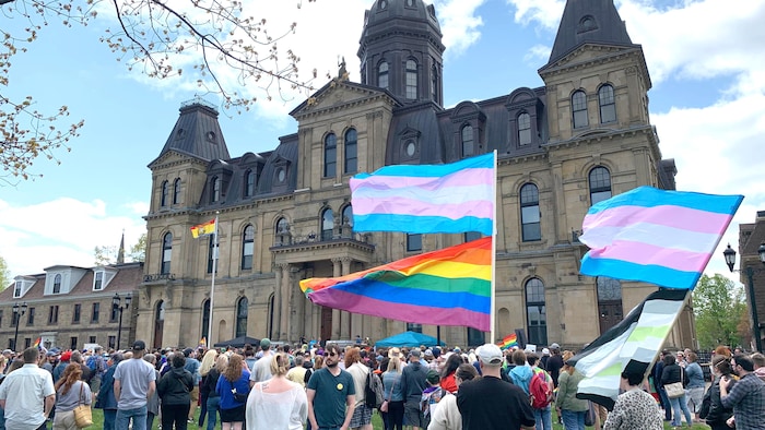 Des gens rassemblés sur la pelouse devant l'édifice de l'Assemblée législative. Des personnes agitent des drapeaux arc-en-ciel, transgenres et agenre.