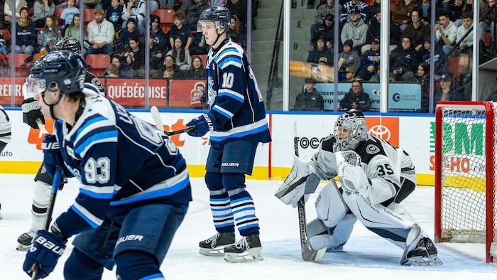 Trois joueurs de hockey dont un gardien en action sur une patinoire.