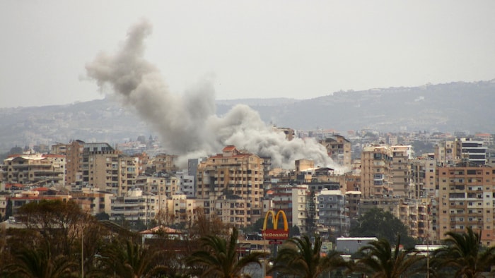 De la fumée s'élève du site d'une frappe aérienne israélienne qui a visé un quartier de la ville de Tyr, dans le sud du Liban, le 15 mai 2026. 