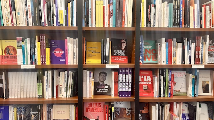 Shelves lined with books.