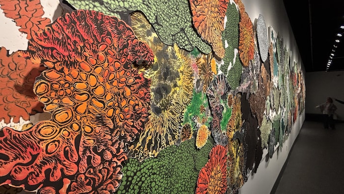 La fresque colorée qui tapisse le mur est "vivante" comme le lichen, jure Chantal Harvey.