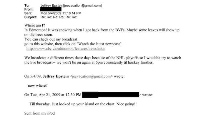 Un courriel addressé à Jeffrey Epstein.