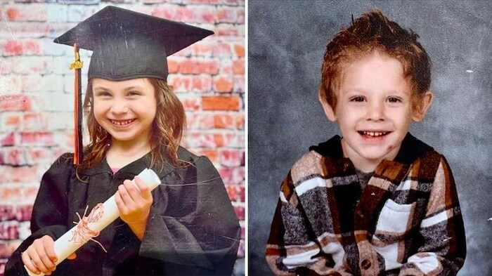 Montage de deux photos scolaires d'enfants. Sur celle de gauche, une petite fille est coiffée d'un mortier et sourit, debout devant un mur de briques. Sur celle de droite, un petit garçon roux sourit.