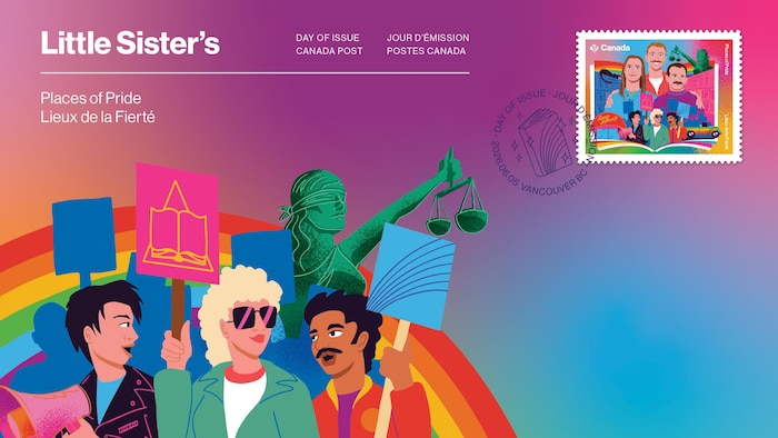 Une image qui montre des personnes qui tiennent des pancartes et une représentation de Dame Justice. Il y a aussi un arc-en-ciel et une copy du timbre de Little Sister's dans le coin. 