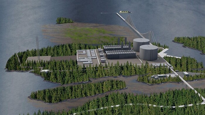 Simulation du projet de terminal de la compagnie Pacific NorthWest LNG près de Prince Rupert en Colombie-Britannique.