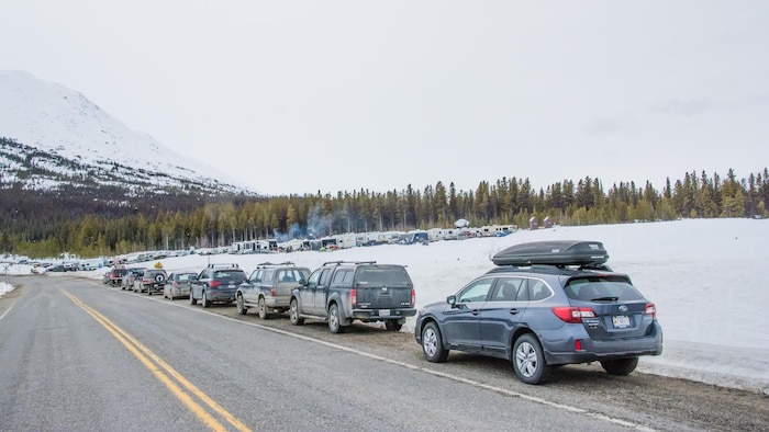 De nombreuses voitures sont stationnées le long de la route Klondike Sud, près du parc Log Cabin.