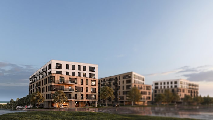 Une modélisation 3D du Quartier locatif Bernard Bélanger. Trois immeubles de six étages chacun y sont présentés.