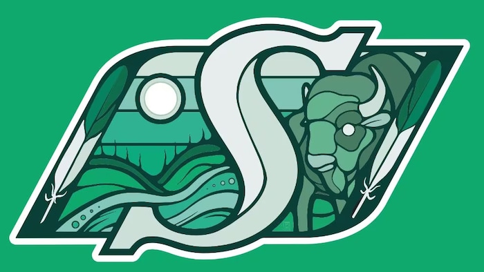 Le logo des Roughriders de la Saskatchewan pour la Journée nationale de la vérité et de la réconcialiation, dessinée par l'artiste Chris Chipak.
