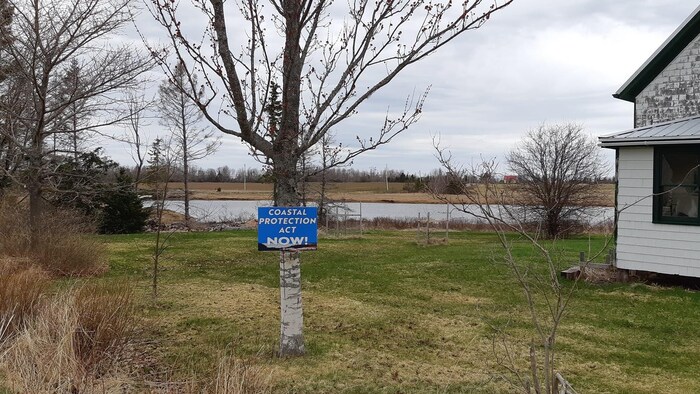 Une pancarte bleue est posée sur un arbre dans un paysage agricole.