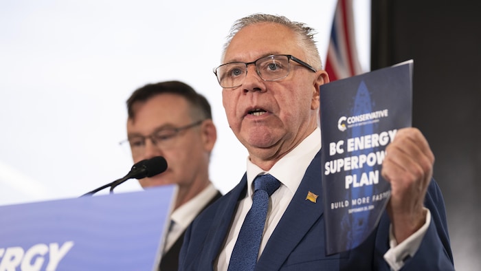 Lorne Doerkson lors de la présentation du plan énergétique du Parti conservateur, le plan en main devant un lutrin.