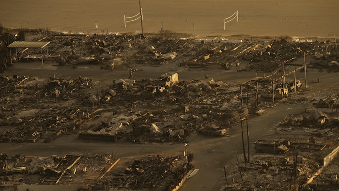 Une personne marche dans un quartier détruit par l'incendie de Palisades, le vendredi 10 janvier 2025, dans le quartier de Pacific Palisades, à Los Angeles. 