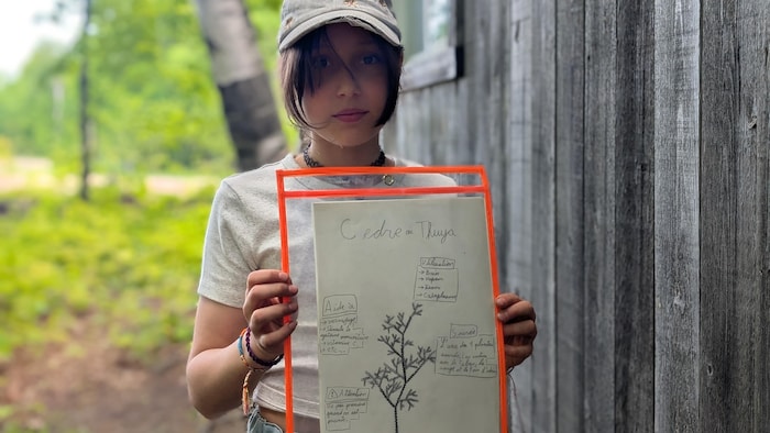 Luna montre une feuille de papier sur laquelle elle a dessiné une plante avec des paragraphes d'explication.