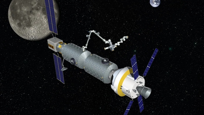 This illustration envisions what the Lunar Gateway space station will look like, along with Canadarm3, provided by the Brampton, Ont.-based MDA. (MDA)